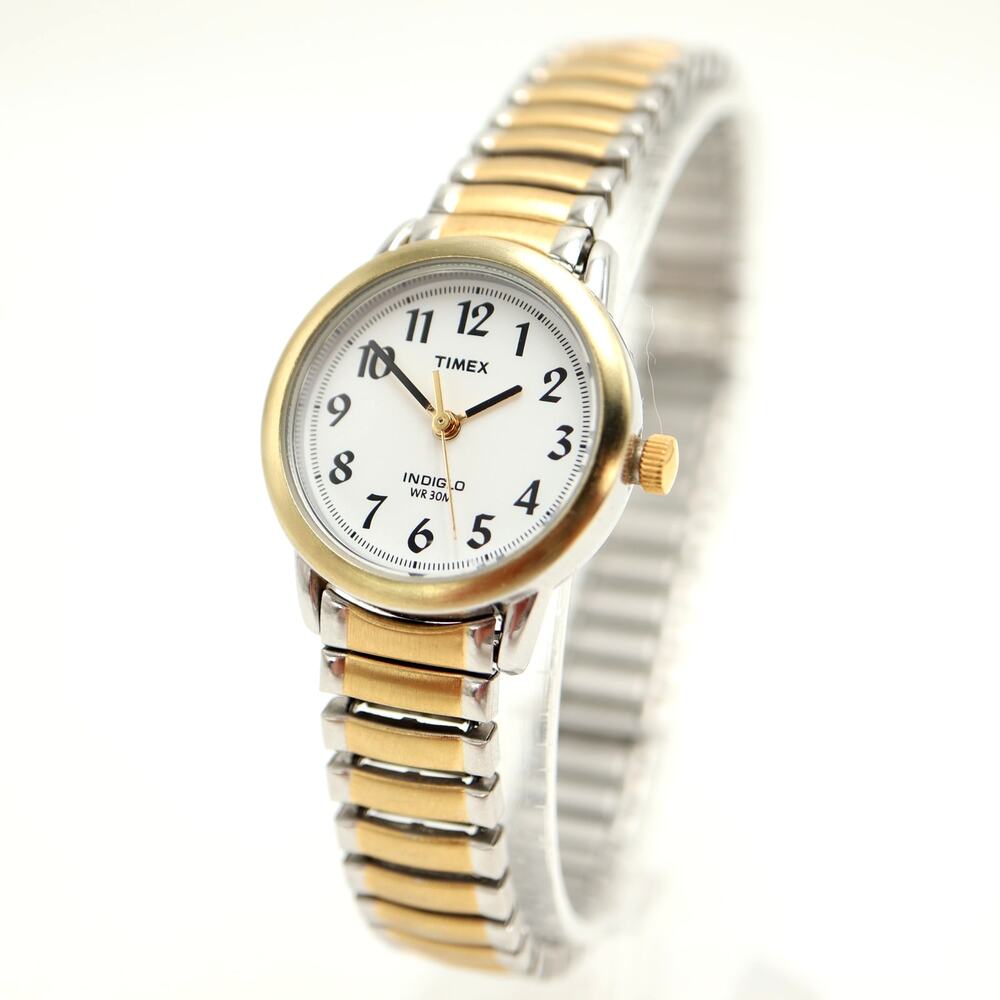 Timex Indiglo Two Tone 25mm Womens Watch Metal Stretch Band with New Battery